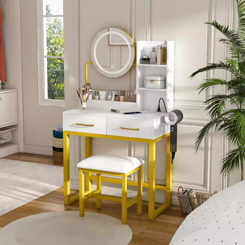 Coiffeuse moderne Okak avec miroir rond et lumières LED, bureau de rangement avec chaise et prise électrique, ensemble de coiffeuse pour chambres à coucher