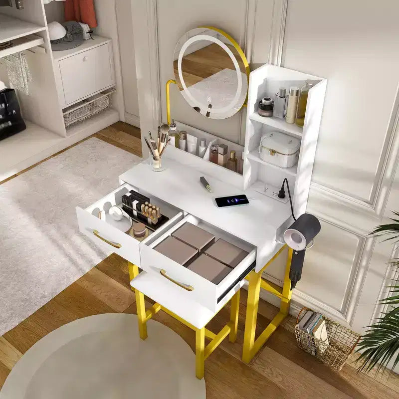 Coiffeuse moderne Okak avec miroir rond et lumières LED, bureau de rangement avec chaise et prise électrique, ensemble de coiffeuse pour chambres à coucher