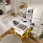 Coiffeuse moderne Okak avec miroir rond et lumières LED, bureau de rangement avec chaise et prise électrique, ensemble de coiffeuse pour chambres à coucher