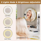 Coiffeuse moderne Okak avec miroir rond et lumières LED, bureau de rangement avec chaise et prise électrique, ensemble de coiffeuse pour chambres à coucher
