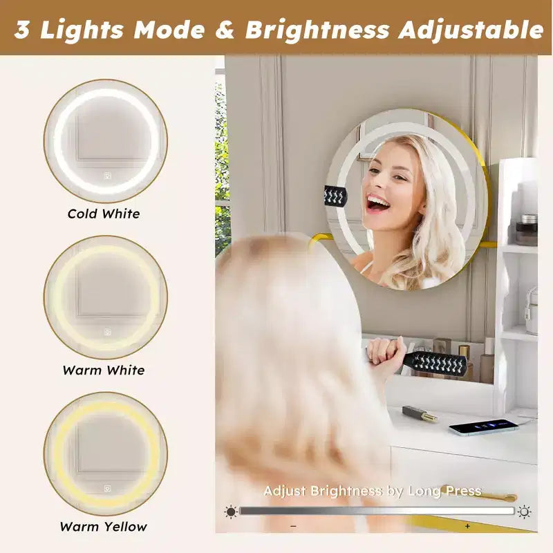 Coiffeuse moderne Okak avec miroir rond et lumières LED, bureau de rangement avec chaise et prise électrique, ensemble de coiffeuse pour chambres à coucher