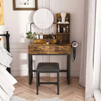 Okak Modern Vanity Table with Round Mirror & LED Lights,Storage Dressing Desk with Chair & Power Outlet,Makeup Table Set for Bedrooms