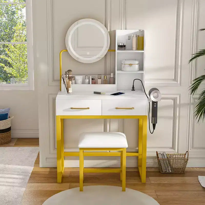 Coiffeuse moderne Okak avec miroir rond et lumières LED, bureau de rangement avec chaise et prise électrique, ensemble de coiffeuse pour chambres à coucher