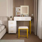 Coiffeuse moderne Okak avec miroir rond et lumières LED, bureau de rangement avec chaise et prise électrique, ensemble de coiffeuse pour chambres à coucher