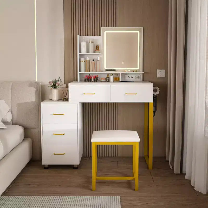 Coiffeuse moderne Okak avec miroir rond et lumières LED, bureau de rangement avec chaise et prise électrique, ensemble de coiffeuse pour chambres à coucher