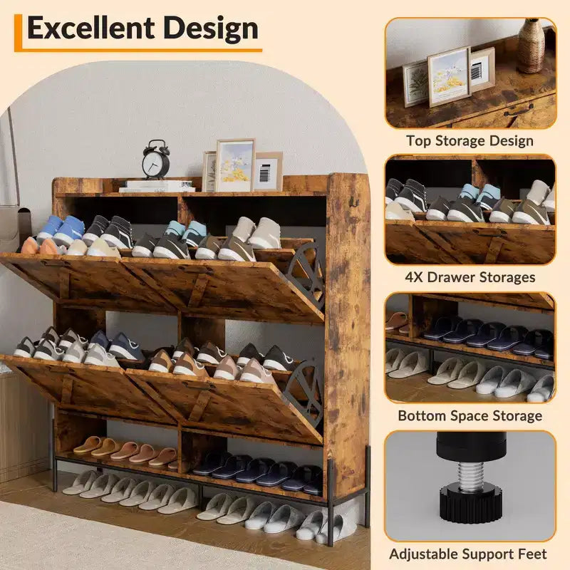 Grand meuble à chaussures de rangement avec 4 tiroirs basculants, meuble de rangement pour chaussures autoportant pour entrée, organisateur de chaussures avec séparation sec/humide