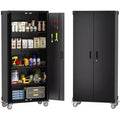 Metal Storage Cabinet with Wheels, Lockable Steel Garage Cabinet with Pegboard & 4 Adjustable Shelves, Deep Black