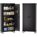Metal Storage Cabinet with Wheels, Lockable Steel Garage Cabinet with Pegboard & 4 Adjustable Shelves, Deep Black