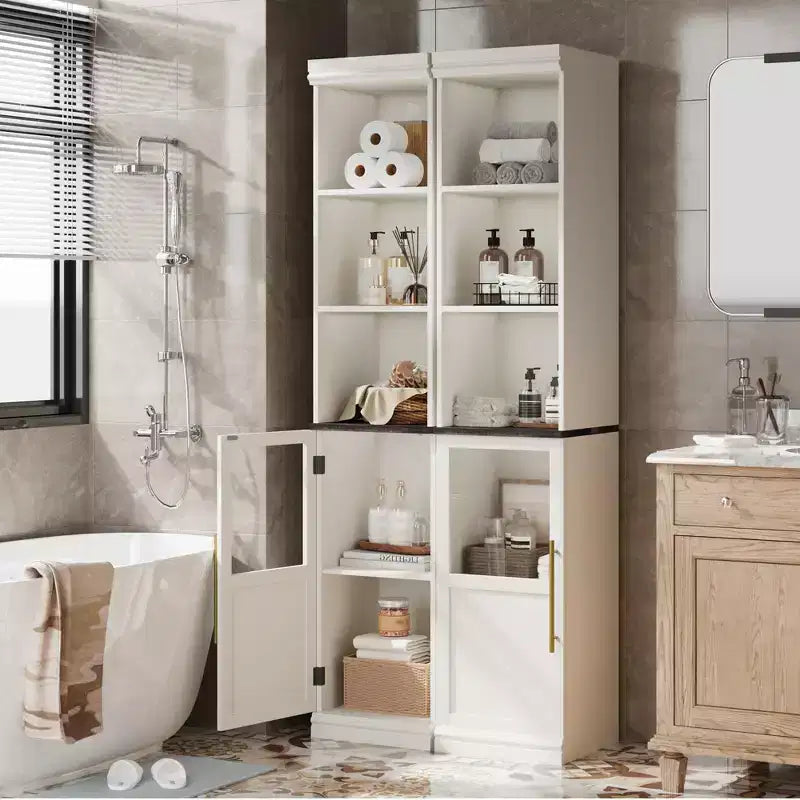 Armoire de rangement haute avec porte en verre, meuble de rangement de salle de bain de 70 po avec étagères réglables pour petits espaces