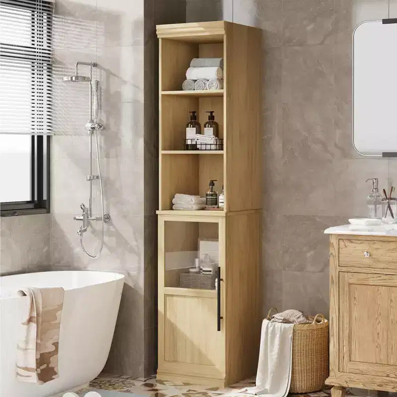 Armoire de rangement haute avec porte en verre, meuble de rangement de salle de bain de 70 po avec étagères réglables pour petits espaces