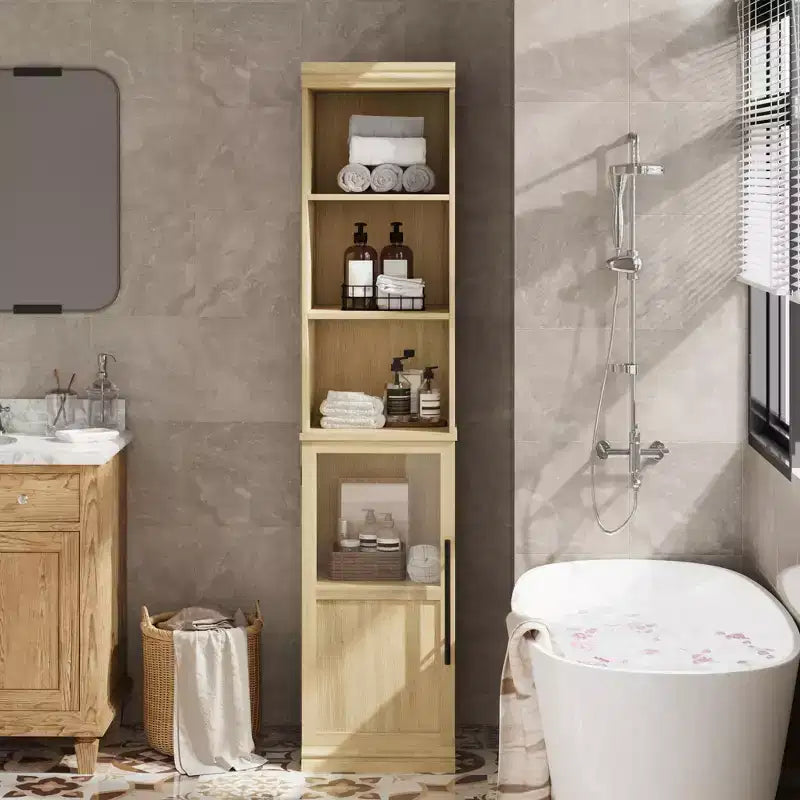 Tall Storage Cabinet with Glass Door, 70 Bathroom Storage Cabinet with Adjustable Shelves for Small Spaces