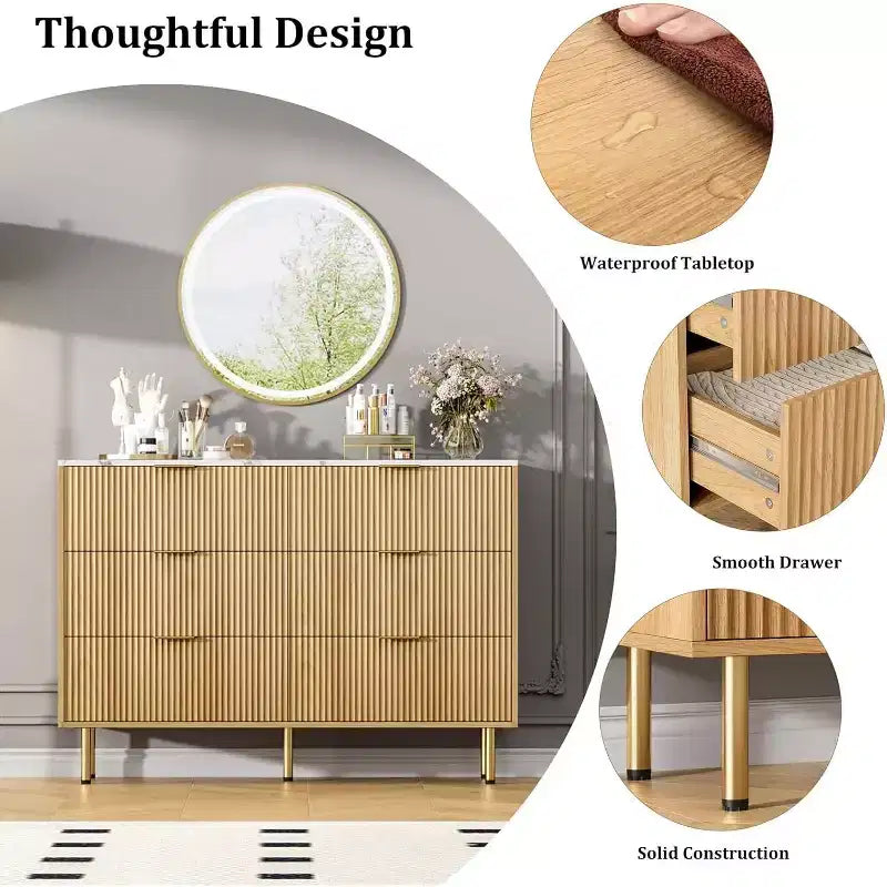 Commode 6 tiroirs COZONY avec design cannelé, Armoire de rangement moderne en bois, Grande commode pour chambre, salon, entrée