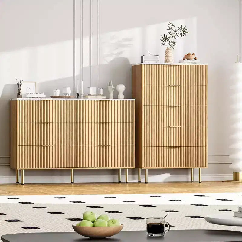 Commode 6 tiroirs COZONY avec design cannelé, Armoire de rangement moderne en bois, Grande commode pour chambre, salon, entrée
