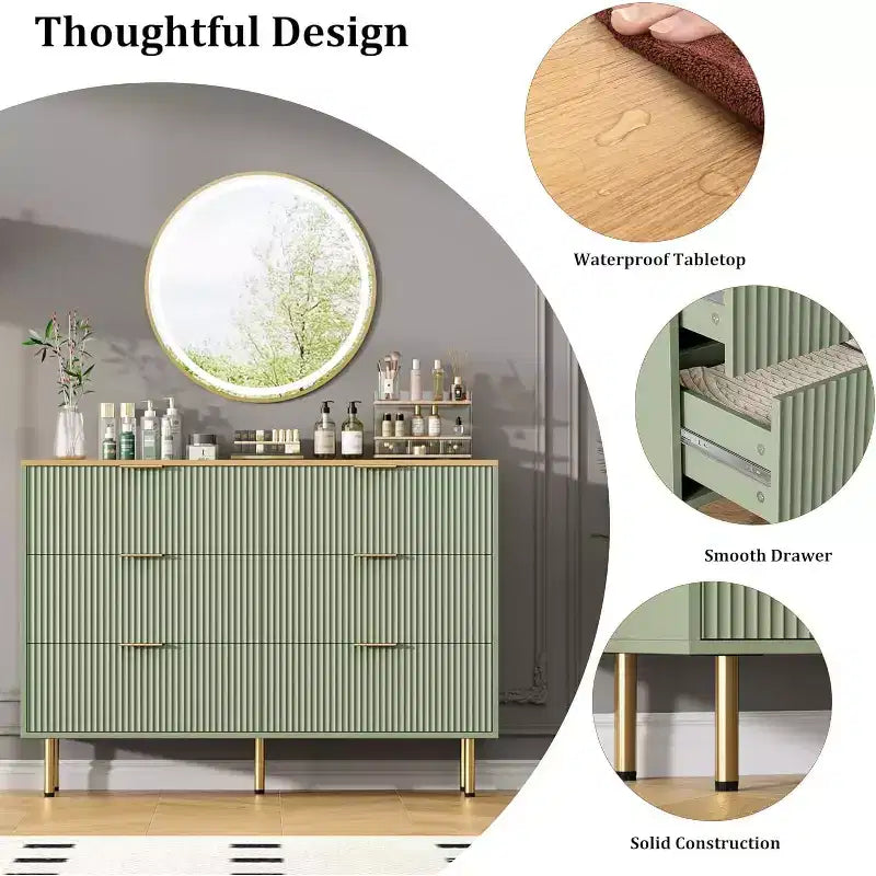 Commode 6 tiroirs COZONY avec design cannelé, Armoire de rangement moderne en bois, Grande commode pour chambre, salon, entrée