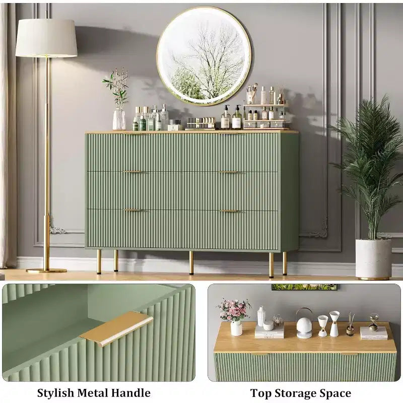 Commode 6 tiroirs COZONY avec design cannelé, Armoire de rangement moderne en bois, Grande commode pour chambre, salon, entrée