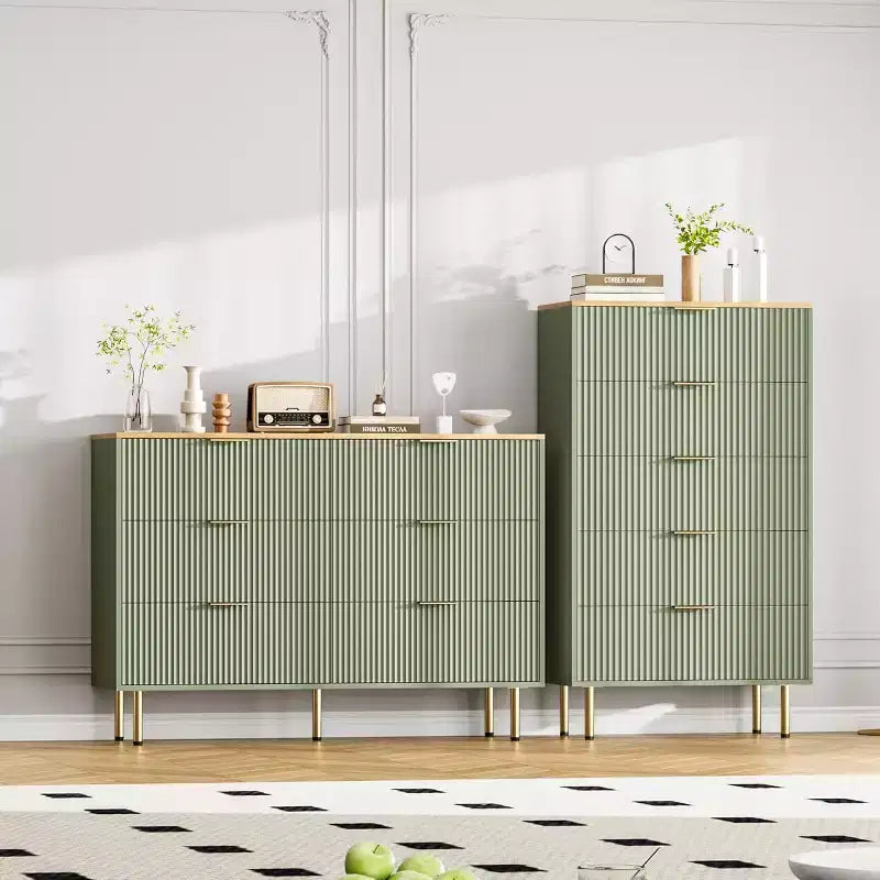Commode 6 tiroirs COZONY avec design cannelé, Armoire de rangement moderne en bois, Grande commode pour chambre, salon, entrée