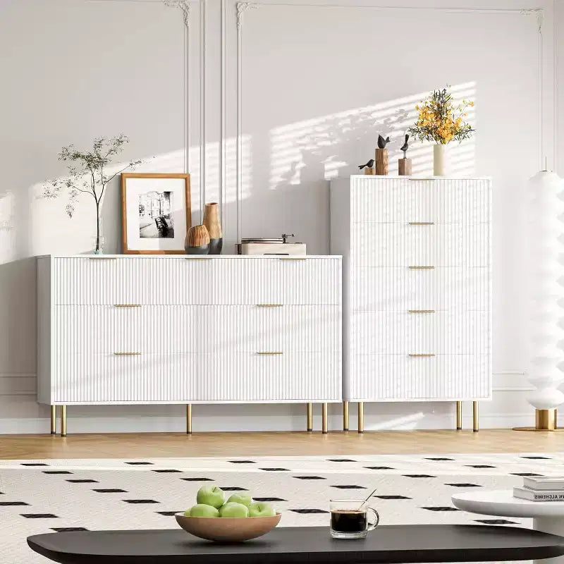 Commode 6 tiroirs COZONY avec design cannelé, Armoire de rangement moderne en bois, Grande commode pour chambre, salon, entrée