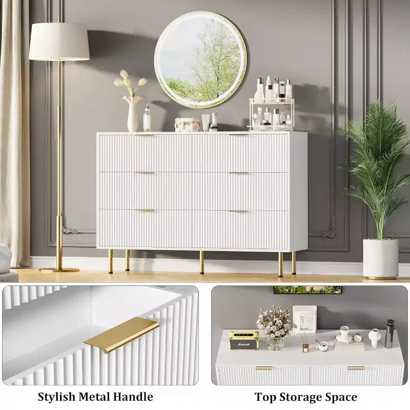 Commode 6 tiroirs COZONY avec design cannelé, Armoire de rangement moderne en bois, Grande commode pour chambre, salon, entrée