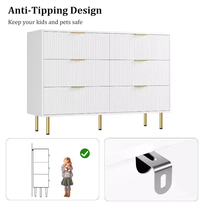 Commode 6 tiroirs COZONY avec design cannelé, Armoire de rangement moderne en bois, Grande commode pour chambre, salon, entrée