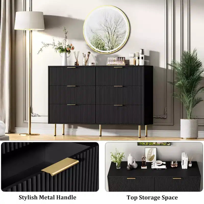 Commode 6 tiroirs COZONY avec design cannelé, Armoire de rangement moderne en bois, Grande commode pour chambre, salon, entrée