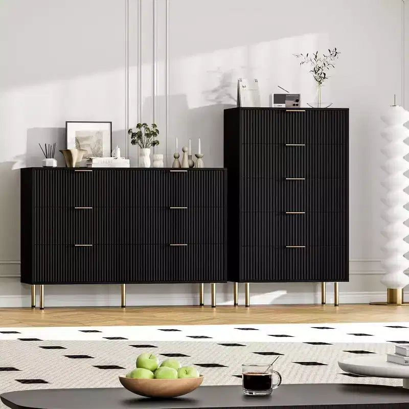 Commode 6 tiroirs COZONY avec design cannelé, Armoire de rangement moderne en bois, Grande commode pour chambre, salon, entrée