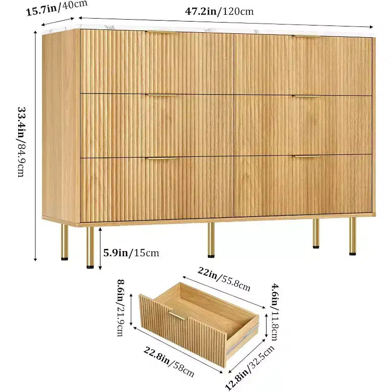 Commode 6 tiroirs COZONY avec design cannelé, Armoire de rangement moderne en bois, Grande commode pour chambre, salon, entrée