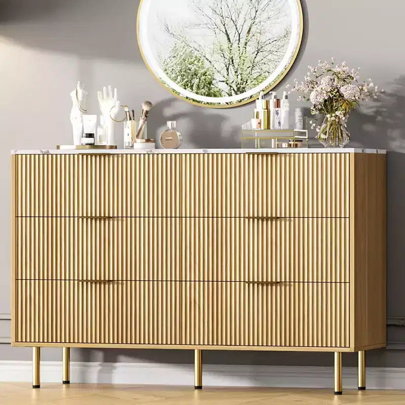 Commode 6 tiroirs COZONY avec design cannelé, Armoire de rangement moderne en bois, Grande commode pour chambre, salon, entrée