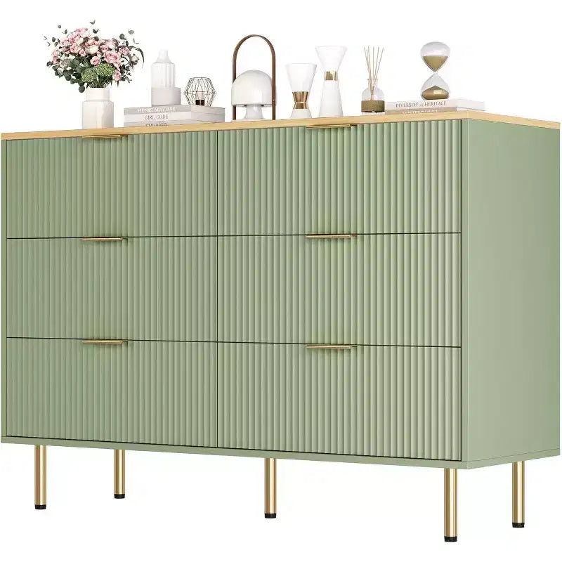 Commode 6 tiroirs COZONY avec design cannelé, Armoire de rangement moderne en bois, Grande commode pour chambre, salon, entrée