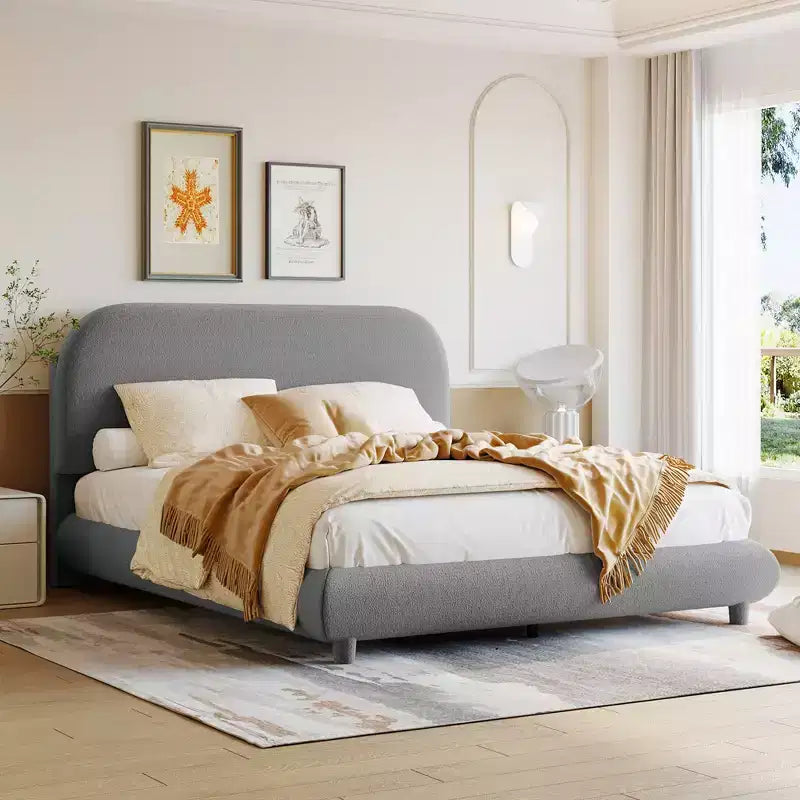 Lit plateforme rembourré Bellemave Teddy Fleece pleine grandeur avec tissu épais, cadre solide et design élégant en forme de courbe, gris