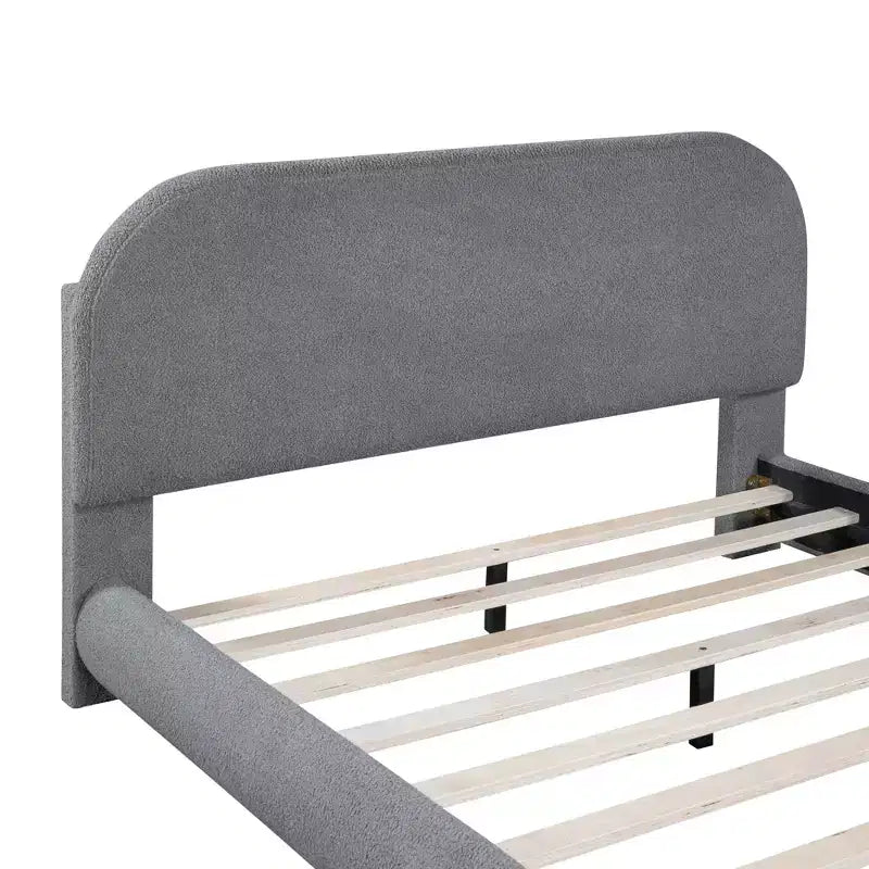 Lit plateforme rembourré Bellemave Teddy Fleece pleine grandeur avec tissu épais, cadre solide et design élégant en forme de courbe, gris