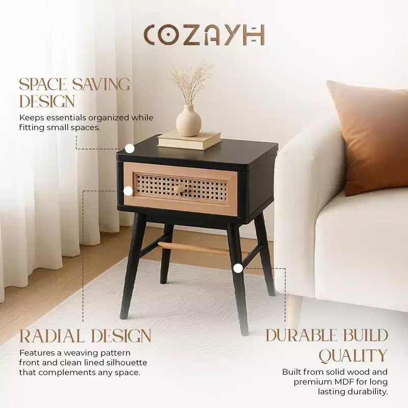 COZAYH Table de chevet moderne 2 tiroirs pour chambre à coucher, Table d'appoint avec rangement à compartiment unique et façade en motif tressé, Noir