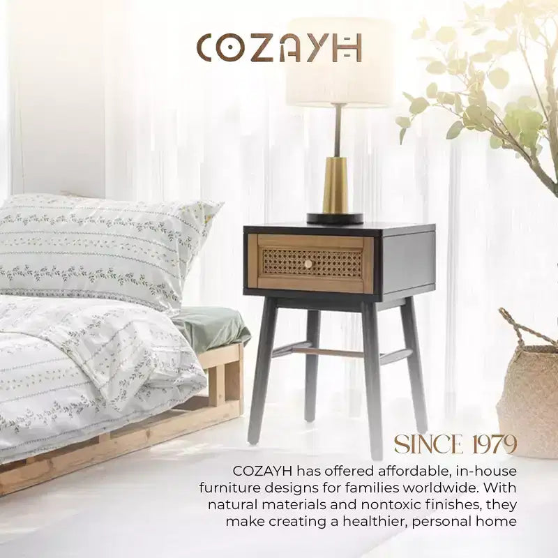 COZAYH Table de chevet moderne 2 tiroirs pour chambre à coucher, Table d'appoint avec rangement à compartiment unique et façade en motif tressé, Noir