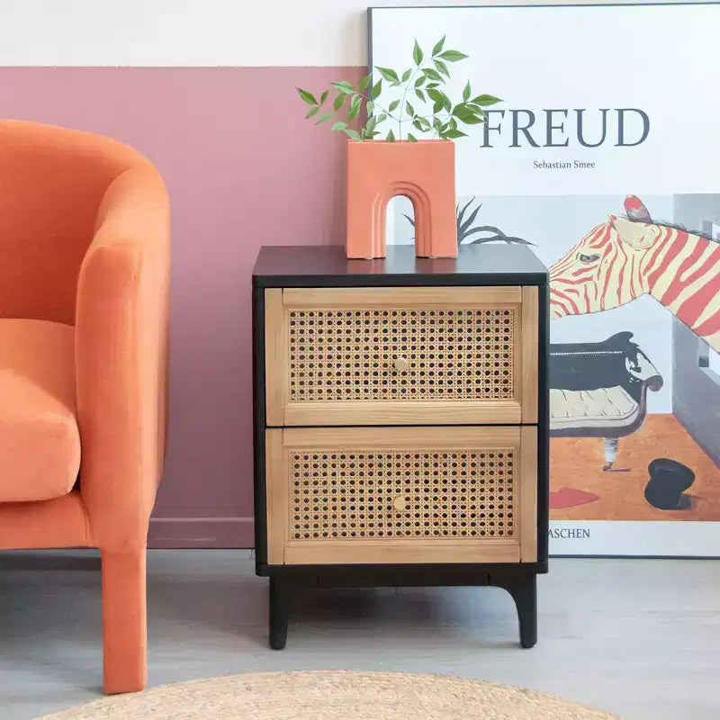 COZAYH Table de chevet moderne 2 tiroirs pour chambre à coucher, Table d'appoint avec rangement à compartiment unique et façade en motif tressé, Noir