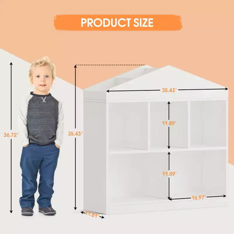CuisinSmart Meuble de rangement à jouets pour enfants 5 cases, bibliothèque en bois blanc avec toit, étagère de rangement pour salle de jeux, chambre d'enfant