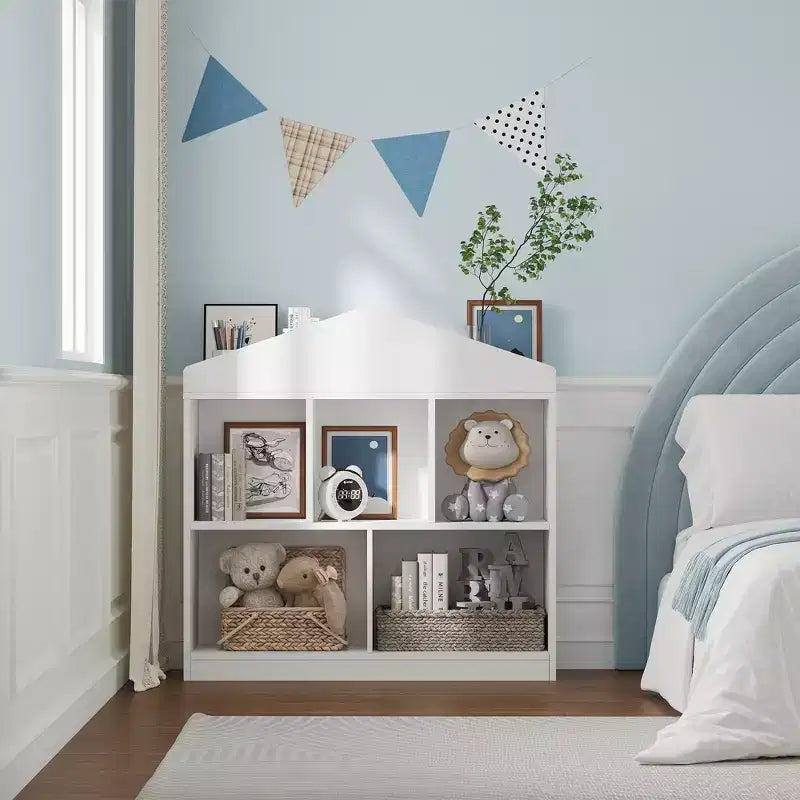 CuisinSmart Meuble de rangement à jouets pour enfants 5 cases, bibliothèque en bois blanc avec toit, étagère de rangement pour salle de jeux, chambre d'enfant