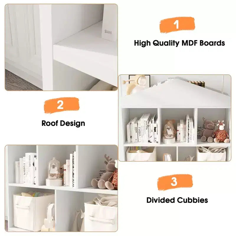 CuisinSmart Meuble de rangement à jouets pour enfants 5 cases, bibliothèque en bois blanc avec toit, étagère de rangement pour salle de jeux, chambre d'enfant