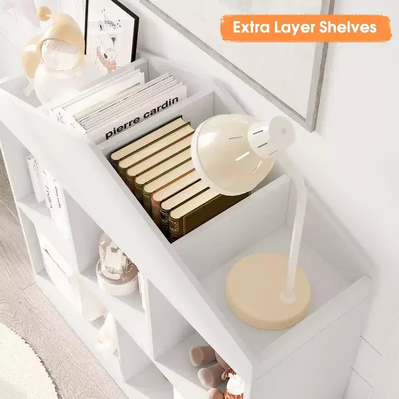 CuisinSmart Meuble de rangement à jouets pour enfants 5 cases, bibliothèque en bois blanc avec toit, étagère de rangement pour salle de jeux, chambre d'enfant