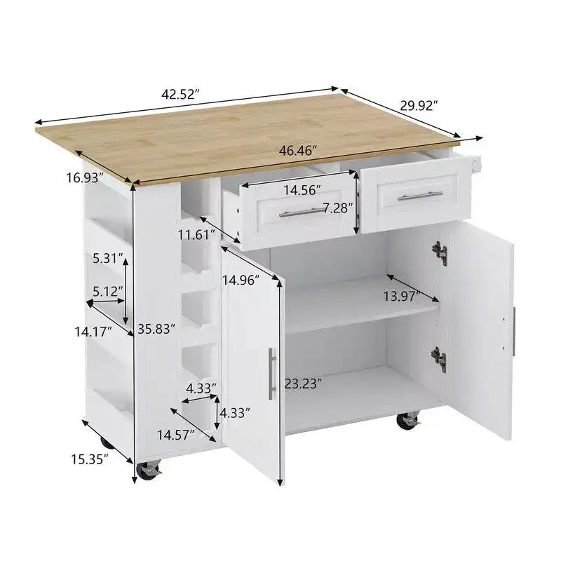 Dessertes de cuisine avec armoire 2 portes, 2 tiroirs, îlot roulant pour cuisine avec rangement, chariot de bar