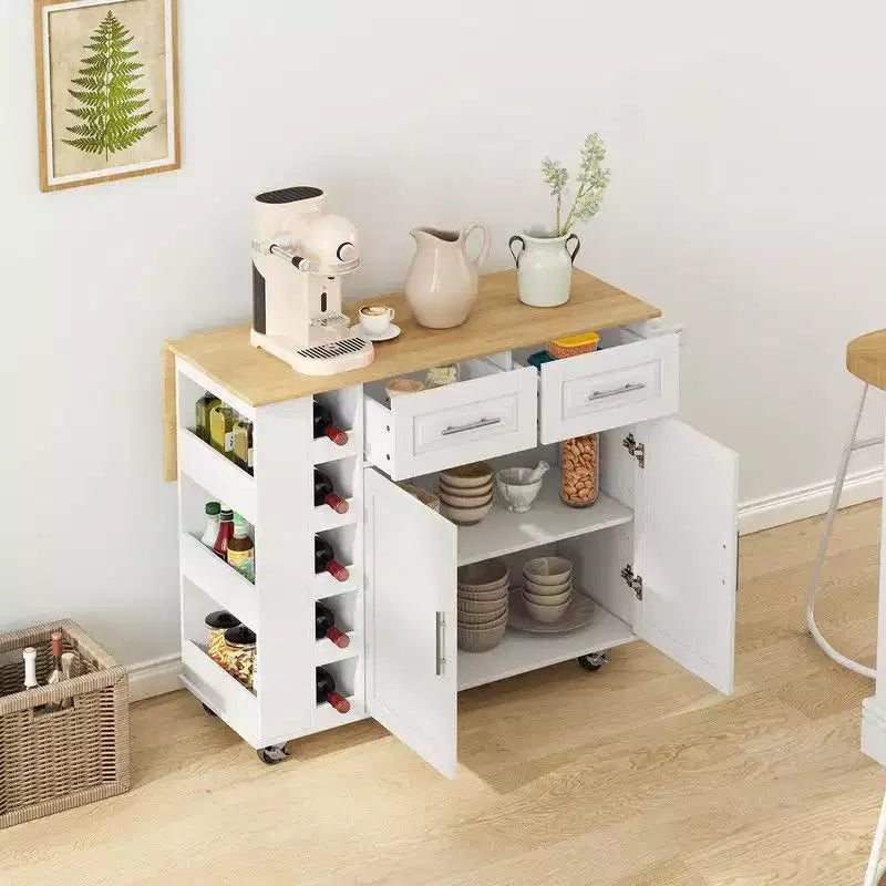 Dessertes de cuisine avec armoire 2 portes, 2 tiroirs, îlot roulant pour cuisine avec rangement, chariot de bar