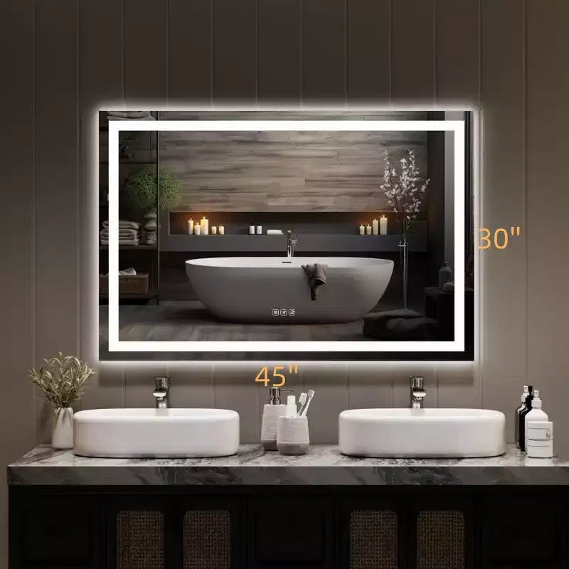 GustoWave Grand miroir de salle de bain LED avec mémoire, anti-buée, incassable, miroir de courtoisie éclairé pour mur