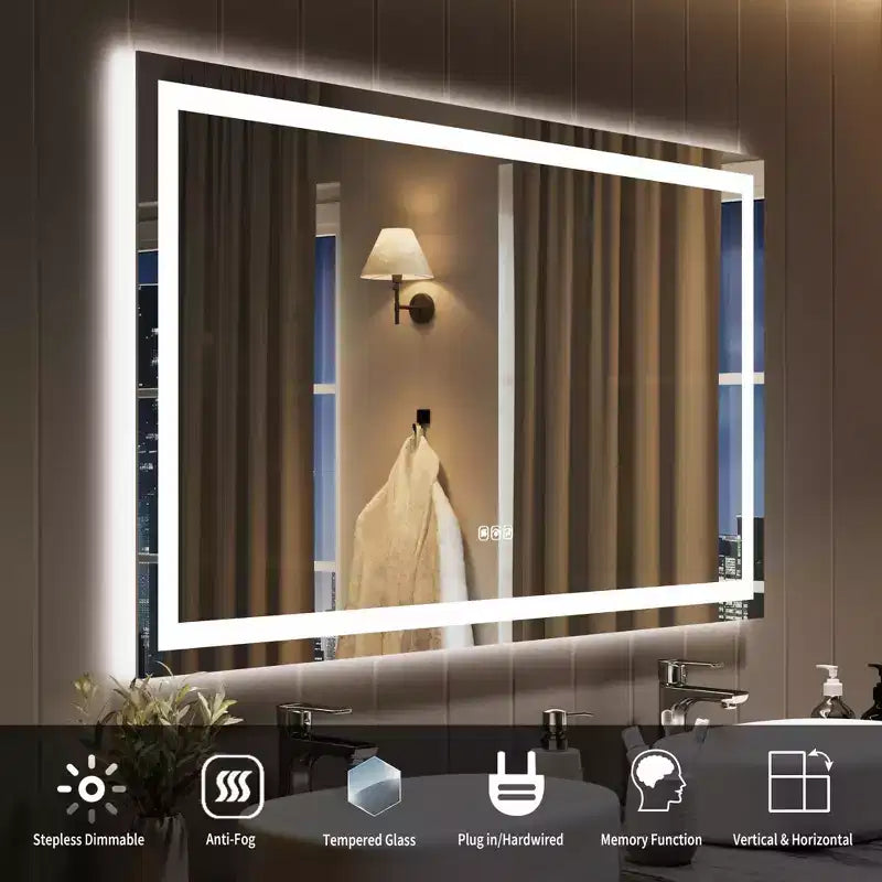 GustoWave Grand miroir de salle de bain LED avec mémoire, anti-buée, incassable, miroir de courtoisie éclairé pour mur