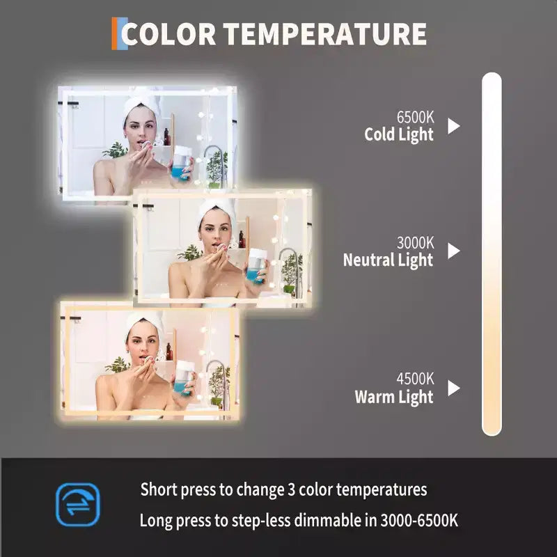 GustoWave Grand miroir de salle de bain LED avec mémoire, anti-buée, incassable, miroir de courtoisie éclairé pour mur