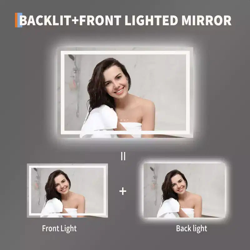 GustoWave Grand miroir de salle de bain LED avec mémoire, anti-buée, incassable, miroir de courtoisie éclairé pour mur