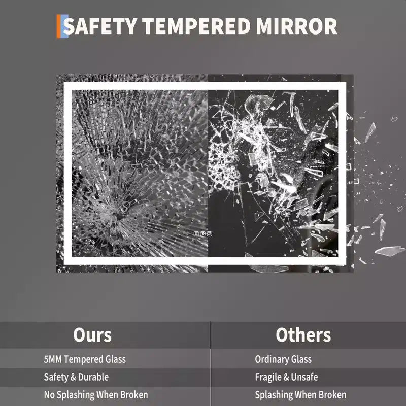 GustoWave Grand miroir de salle de bain LED avec mémoire, anti-buée, incassable, miroir de courtoisie éclairé pour mur
