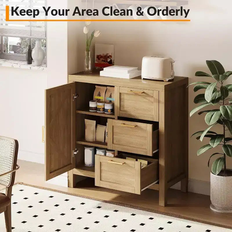 COZONY Buffet avec Rangement, Buffet à 3 Tiroirs pour Bar à Café avec Étagère Réglable, Meuble de Rangement en Bois pour Salon, Salle à Manger, Noyer