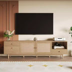 Boho TV Stand for TVs up to 85, TV Console Media Console TV Cabinet with Rattan Doors, Brown - ModernLuxe