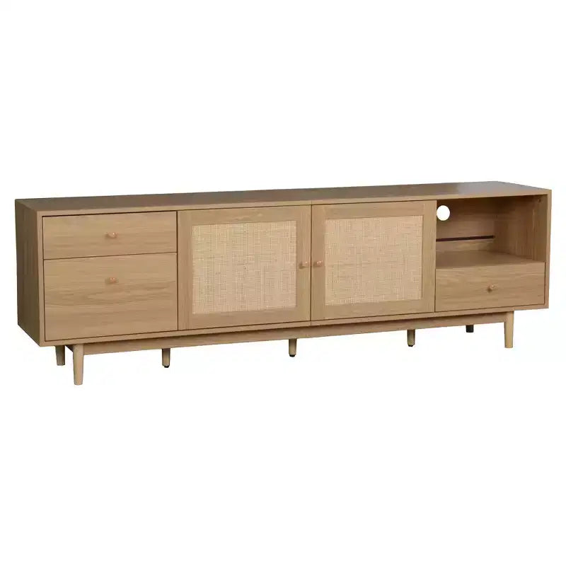 Meuble TV bohème pour téléviseurs jusqu'à 85 pouces, Meuble TV Console Meuble TV avec Portes en Rotin, Marron - ModernLuxe