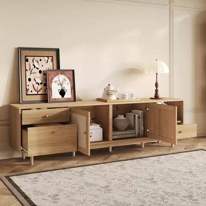 Meuble TV bohème pour téléviseurs jusqu'à 85 pouces, Meuble TV Console Meuble TV avec Portes en Rotin, Marron - ModernLuxe