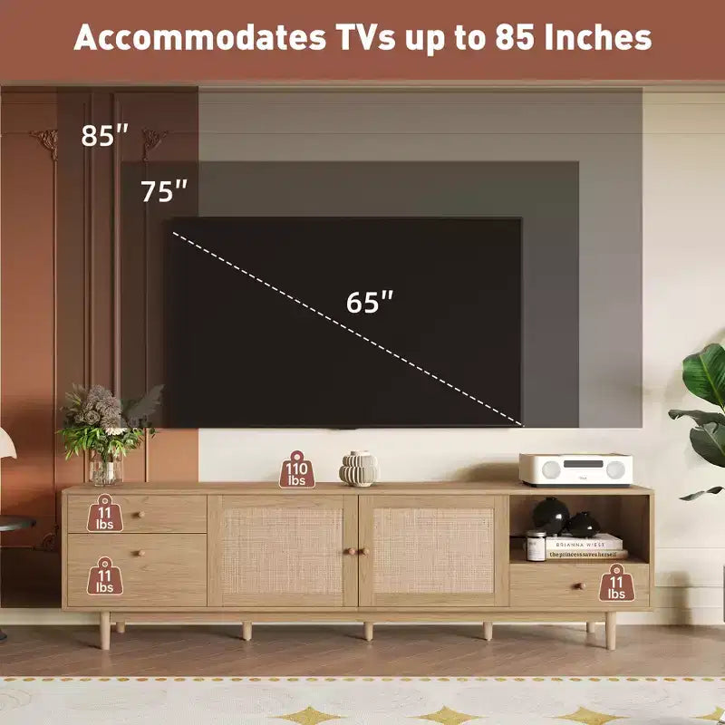 Meuble TV bohème pour téléviseurs jusqu'à 85 pouces, Meuble TV Console Meuble TV avec Portes en Rotin, Marron - ModernLuxe