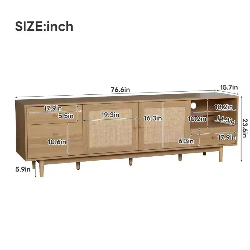 Meuble TV bohème pour téléviseurs jusqu'à 85 pouces, Meuble TV Console Meuble TV avec Portes en Rotin, Marron - ModernLuxe
